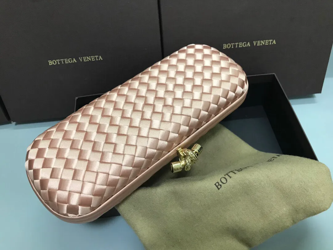 Style No. 8651, upgraded version of full silk evening bag inside and outside~~~INTRECCIATO woven IMPERO STRETCH KNOT clutch bag, hand-woven silk, smooth satin piping, Intrecciato engraved metal buckle, silk satin lining. Large size: 25cm*10cm*5cm